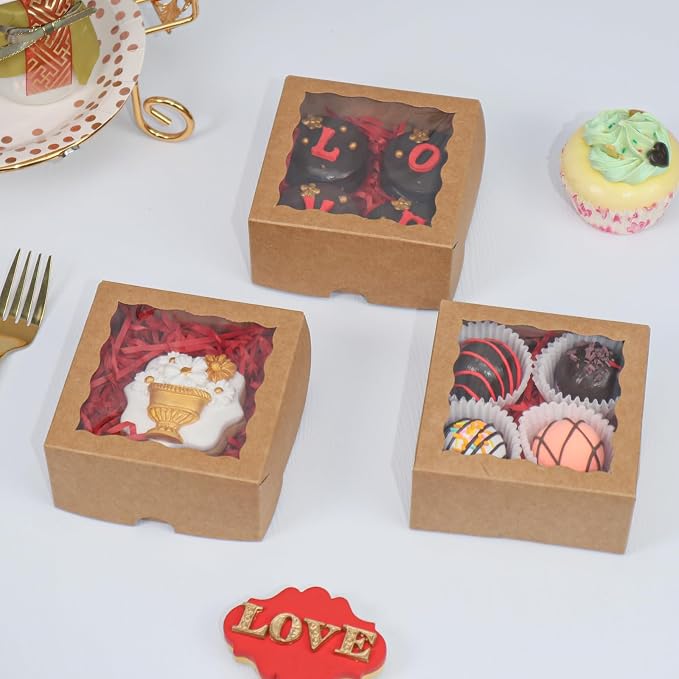 100PCS 3¼" x 3 ¼" x 1 ½"Small gift boxes Cookies Boxes Chocolate Truffle Boxes for 4,Treat Boxes Donut Macaron Box Mini Bakery Boxes with Window Brownie Box
