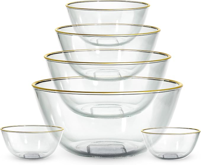 COOK WITH COLOR 12 Pc Glass Mixing Bowl Set with Lids – Borosilicate Glass Nesting Bowls for Cooking, Baking and Meal Prep, Gold Rim