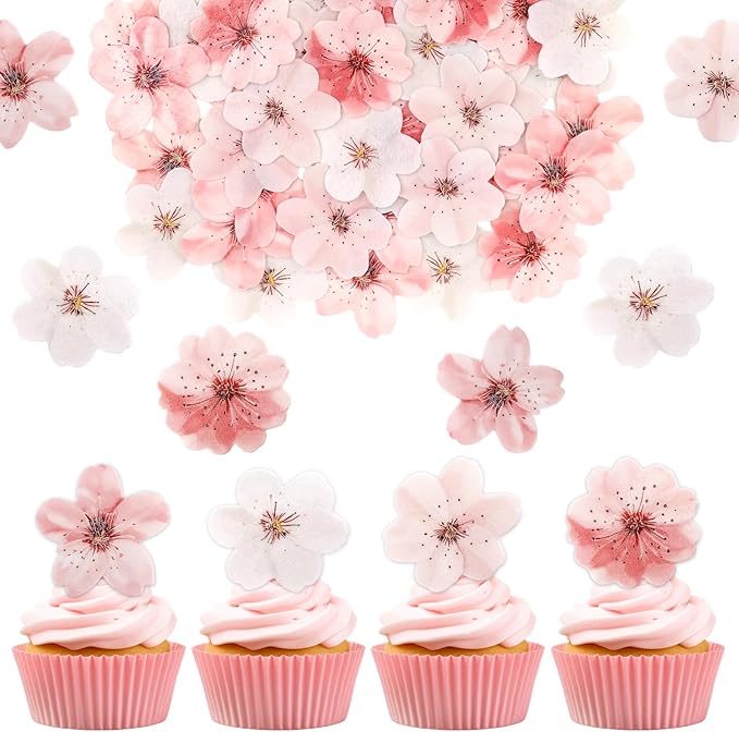 50 PCS Edible Cherry Blossoms Cupcake Toppers Edible Cherry Blossoms Flowers Cake Decorations for Spring Tea Party Cherry Themed Birthday Party Baby Shower Bridal Engagement Anniversary baked goods
