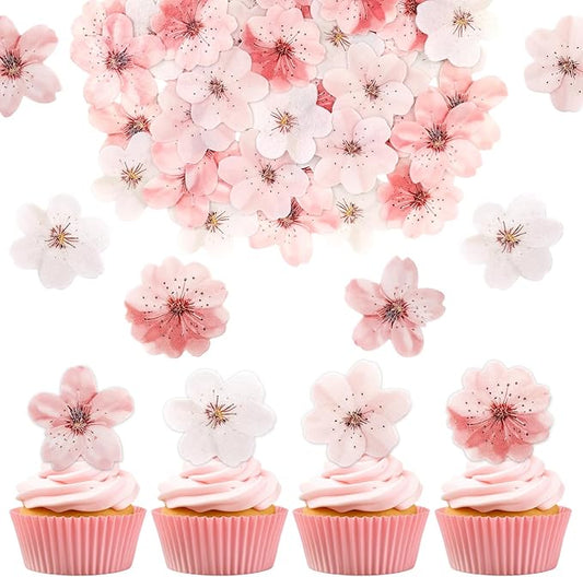 50 PCS Edible Cherry Blossoms Cupcake Toppers Edible Cherry Blossoms Flowers Cake Decorations for Spring Tea Party Cherry Themed Birthday Party Baby Shower Bridal Engagement Anniversary baked goods
