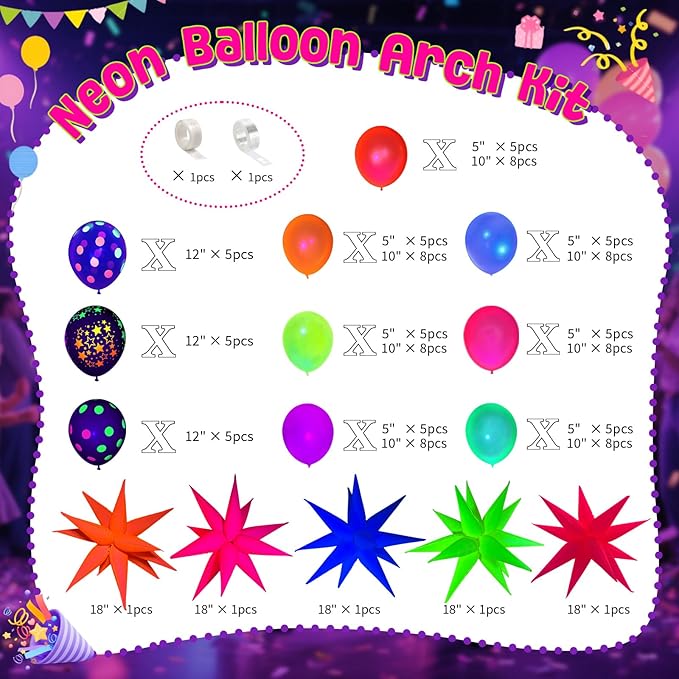 UV Neon Balloons, Glow in the Dark Party Supplies Neon Foil Explosion Star Balloon Kit Cone Balloons Glow in the Dark Birthday Decorations for Blacklight Party Decoration