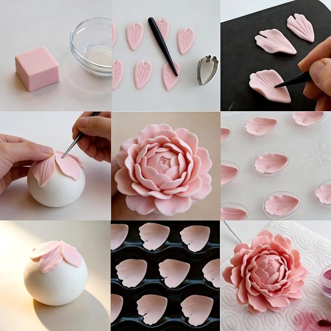 26PCS Flower Fondant Cutter Set with 4 Balls, 7 Different Flowers – Rose/Paeony/Carnation/Leaves/Small Peony/Tulip/Calla Lily Cake Decor Modeling Tools Cookie Tool Set Stainless Steel