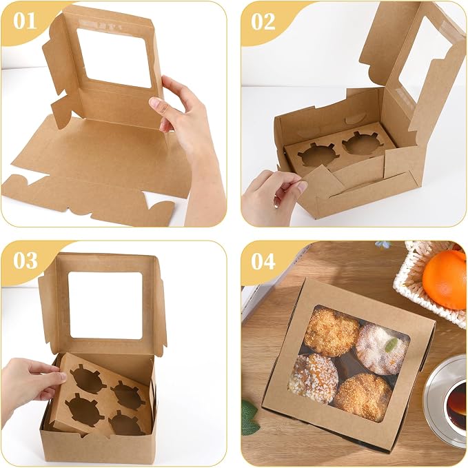 20 PCS Wood Color Paper Cupcake Boxes 4 Count and Clear Window for Valentine, Birthday, Wedding, Bakery Supplies and Party, Which Can Be Used as Bento Cake Box