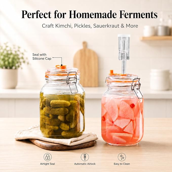 Fermenting Jars, 1.5L Fermentation Kit With Glass Weights, 2-Pack | Wide-Mouth 2L Glass Jar With Self-Venting Airlock, Ideal For Sauerkraut, Kimchi, Pickles And Other Homemade Ferments