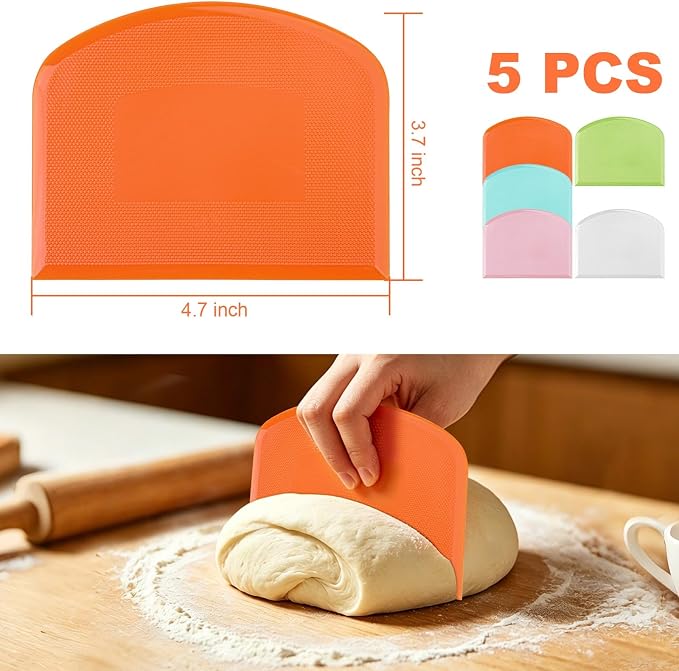 Flexible Dough Scraper & Cutter Set, 5-Piece Bench & Bowl Scrapers | Flexible Plastic, Bench and Bowl Scrapers, Curved Edge, Textured Grip, For Sourdough, Pizza, Fondant, Pastry and Cake Icing