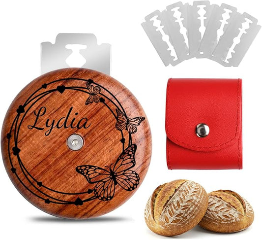 Custom Engraved UFO Bread Lame - Personalized Sourdough Scoring Tool for Artisan Bread Baking, Bread Scorer Tool Set with 5 Professional Stainless Steel Blades, Baker Gift Idea (Design C-Red Pouch)