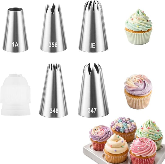 6 Pcs Large Piping Tips Set, Stainless Steel Frosting Piping Kit with 25mm Coupler, Cake Decorating Tips for Cupcakes Cookies Buttercream Flowers Pastry and Baking (1A/1E/347/348/356)