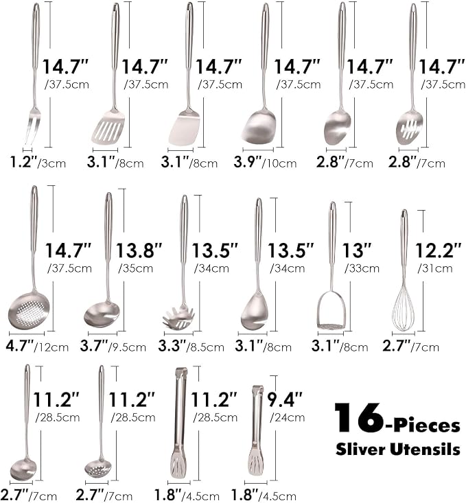 18/10 Stainless Steel Cooking Utensils Set - 16 PCS All Metal Serving Utensils, Kitchen Tools - Whisk, Masher, Fork, Tongs, Solid/Slotted Spoon, Spatula, Turner, Ladle, Skimmer, Pasta, Large Spoon Set