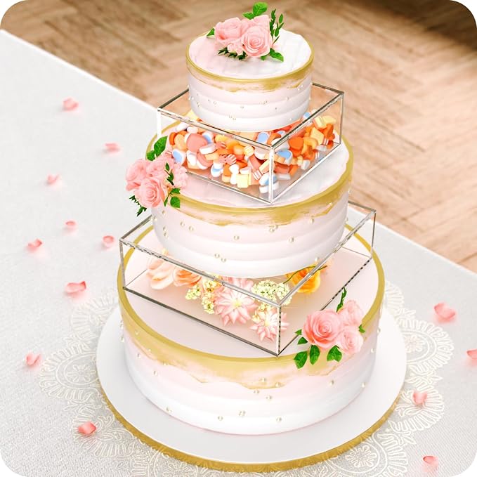 2PCS Clear Acrylic Cake Stand, Fillable Cake Box Riser Cake Tier, Square Cake Display Box with Lid, Decorative Centerpiece Box for Wedding Birthday Party (2pcs, 12" Dx4” H; 8" Dx4” H, 2M LED Lights)