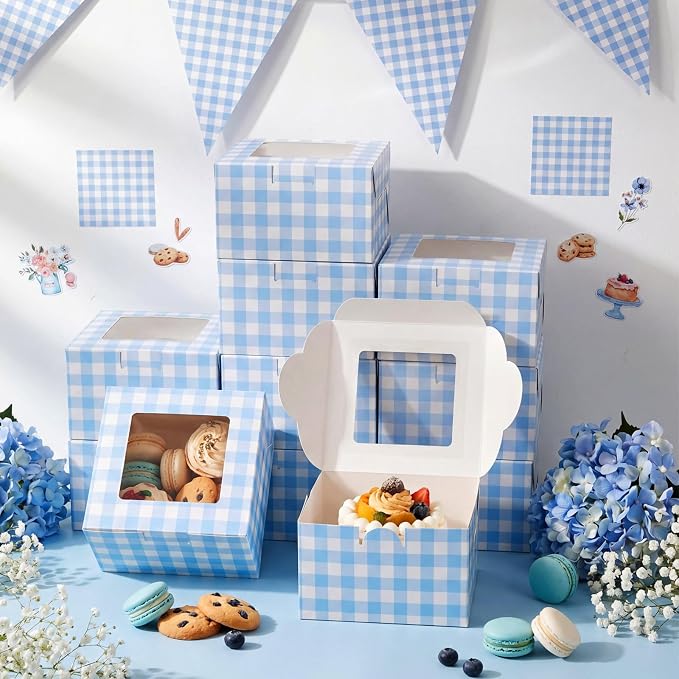 50 Pack Blue Gingham Cookie Boxes with Window, Small Bakery Treat Boxes for Pastry Donuts Macaroon Cupcakes, Gingham Party Supplies Wedding Bridal Baby Showers Birthday Party Favors