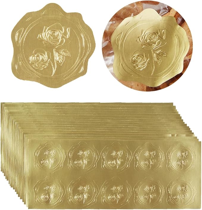 300 Pieces Embossed Gold Foil Stickers, Gold Rose | For Envelopes, Wedding Invitations, Christmas Greeting Cards