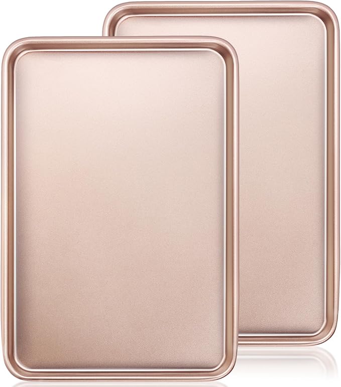 Wildone 2 Pack Jelly Roll Pan, Nonstick Baking Sheet for Oven, Thicker Carbon Steel Cookie Sheet 15x10 Inch, Heavy Duty & Easy Clean, Rose Gold