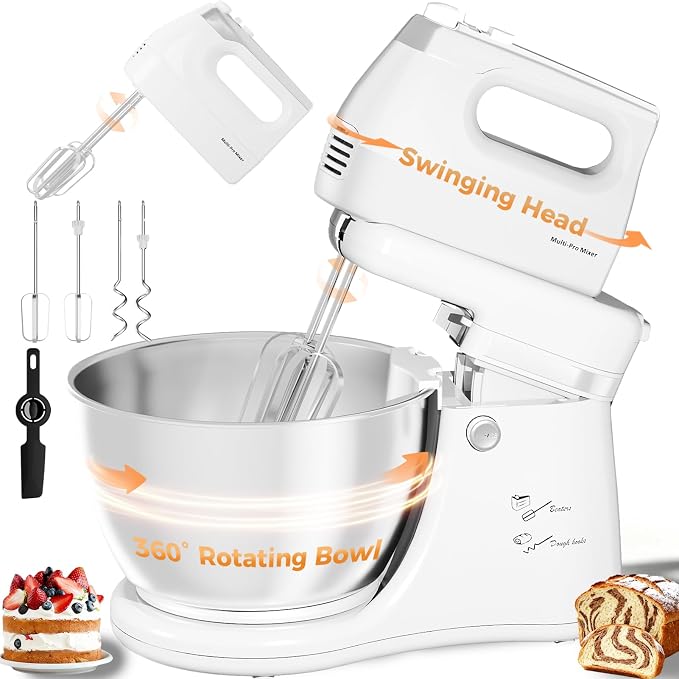 4.8QT 2-in-1 Stand Mixer, Electric Kitchen Mixer with Auto-Rotating Bowl & Tilt-Head, 5-Speed 250W Turbo Baking Machine for Beginners with Beater & Dough Hook for Cookie, Bread, Cake (White)
