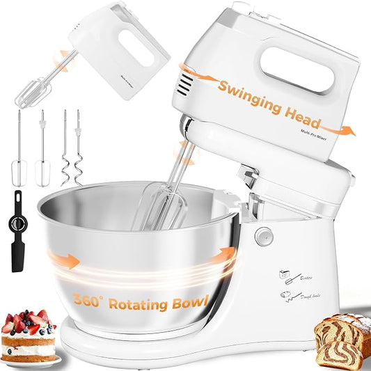 4.8QT 2-in-1 Stand Mixer, Electric Kitchen Mixer with Auto-Rotating Bowl & Tilt-Head, 5-Speed 250W Turbo Baking Machine for Beginners with Beater & Dough Hook for Cookie, Bread, Cake (White)