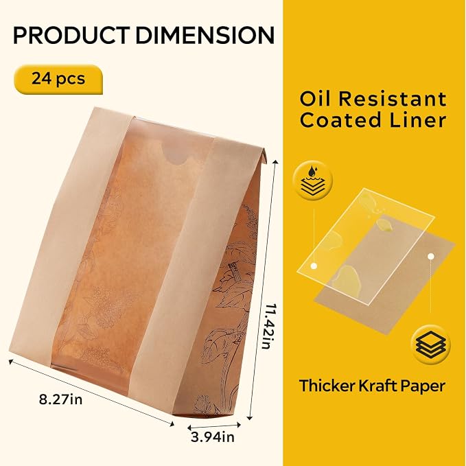 50 Pack Paper Bread Bags for Homemade Bread and Sourdough, 50% Thicker Large Kraft Loaf Bags with Clear Window for Bakery Packaging & Storage, Includes Sealing Stickers