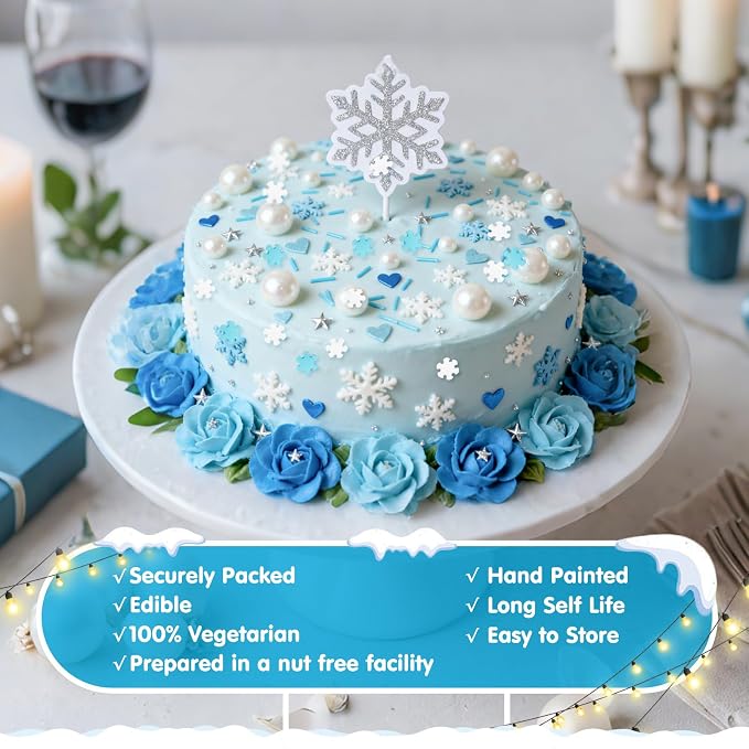 Edible Snowflake Sprinkles,Frozen Sprinkle for Cake,Blue Heart White Snowflake Silver Star Pearl Jimmies Mix,130g/4.58oz,Winter Snow Sugar Pearls Sprinkles for Decorations Baking,Cake Ice Cream Cookies Cupcake Topper Chocolate,Birthday Children Party D...