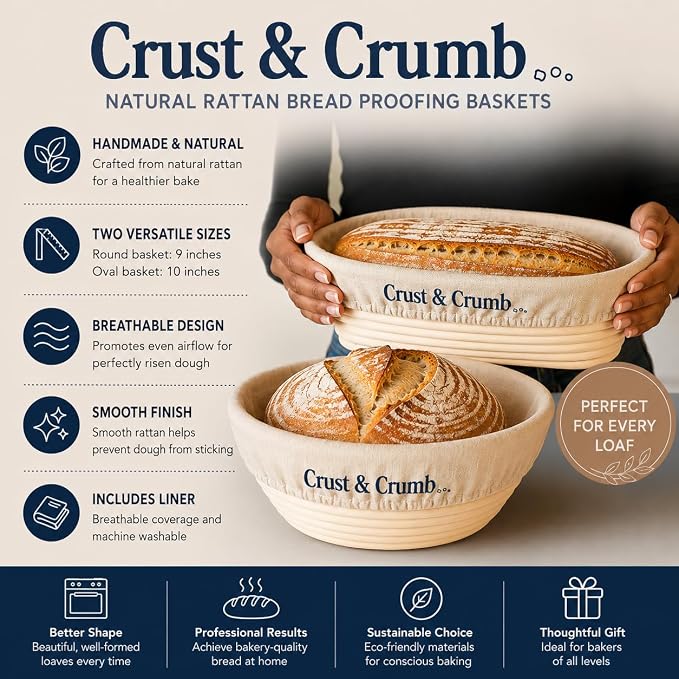 Complete Sourdough Starter Kit, 2 Bannteon Bread Proofing Baskets 9" & 10", UFO Bread Lame, Food Scale, Starter Jar, Silicone Baking Mat, Stainless Steel Dough Scraper and Flour Sifter, Recipes