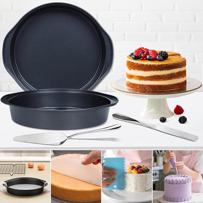 Hunnycook Cake Pan Set - 138 Piece 8-inch Round Cake Pans, Carbon Steel Cake Pan with Handles, Cake Decorating Kit with Parchment Papers, Piping Bag and More Accessories