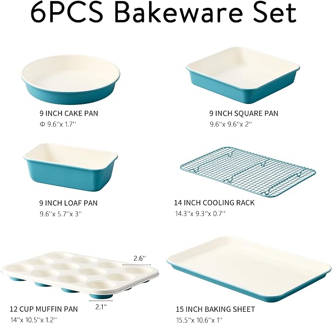 CAROTE 6-Piece Ceramic Baking Pans Set, Aluminized Steel Bakeware Sets, Toxin-Free Nonstick Stackable Oven Pans with Cookie Sheet, Muffin Pan, Loaf Pan, Round & Square Cake Pan, Cooling Rack