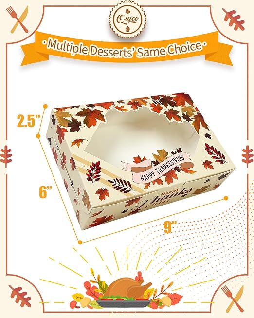 qiqee Thanksgiving Cookie Box with Window 9x6x2.5 inch 15Pcs Pastry Macaron Thanksgiving Leaves Bakery Box For Thanksgiving Day