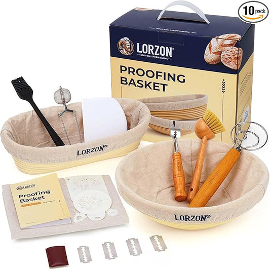 Lorzon Banneton Bread Proofing Baskets Set of 2, 11" Round & 12" Oval Sourdough Proofing Baskets with Sourdough Bread Baking Supplies, Complete Bread Making Kit (Plastic)