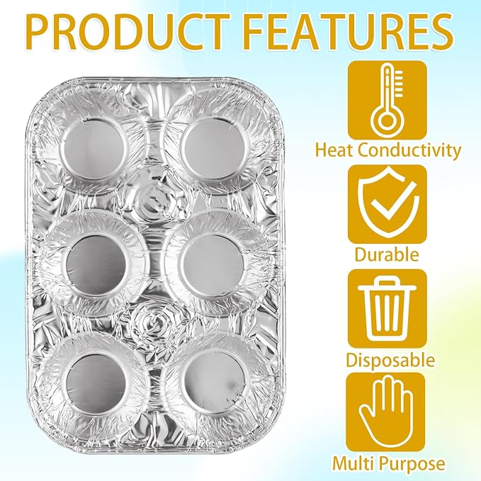 SENENQU Pack of 50 Aluminum Foil Muffin Pans, Holds 6 Cupcakes/Muffin & Pie foil Pan, Standard Size Cupcake Pans, Disposable Muffin Tin for Baking