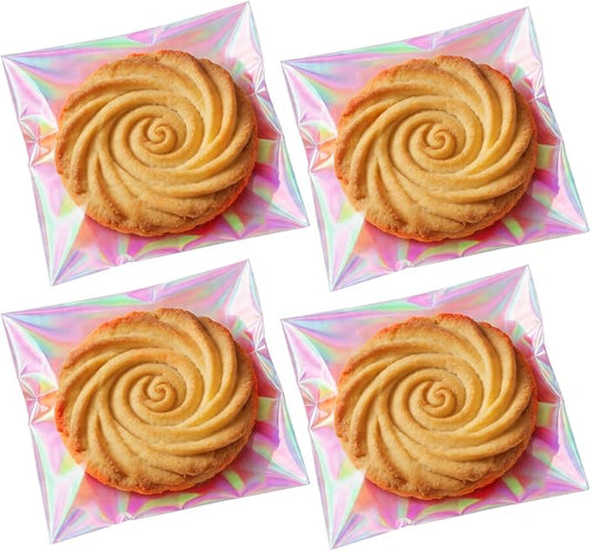 200Pcs Iridescent Cookie Bags Self Sealing Cellophane Treat Bags | Clear Resealable Adhesive Plastic Bags for Cookies, Candy, Party Favors, Gift Packaging (4x4 Inches)