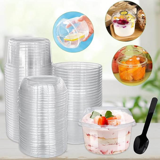 Alaeseje 50 Pack 12 oz Disposable Clear Plastic Cups,PET Dessert Cups with Lids and Spoons,Disposable Snack Bowls for Cupcake,Pudding,Snacks,Yogurt,ParfaitFruits,Mousse
