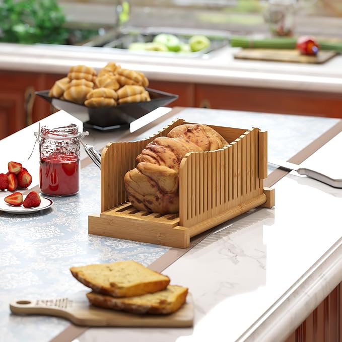Bamboo Bread Slicer, Adjustable Bread Slicer Guide with 3 Thickness Size, Foldable Compact Chopping Cutting Board, Great for Homemade Bread, Cakes, Bagels