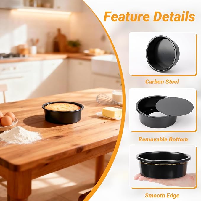 Beasea Round Cake Pan, 3 Pack 6 Inch Carbon Steel Cake Pan with Removable Bottom, Non Stick Cheesecake Mold Metal Tin for Oven Baking