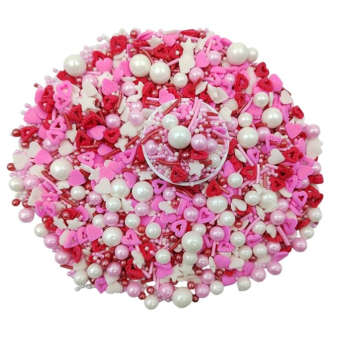 Edible Heart Sprinkles Red White and Pink Sprinkles Mix with Pearl Decorations Hearts Cake Decorations Cupcake Toppers Baking Cookie Decorating Ice Cream Toppings Celebration Valentines Decoration