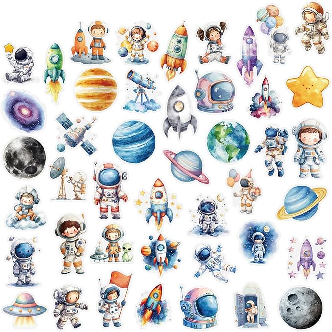 Space Stickers,100PCS Astronaut Cute Cartoon Spaceman Rocket Planet Decals Waterproof Vinyl Stickers Scrapbook Laptop Skateboard Galaxy Space Themed Party Favors
