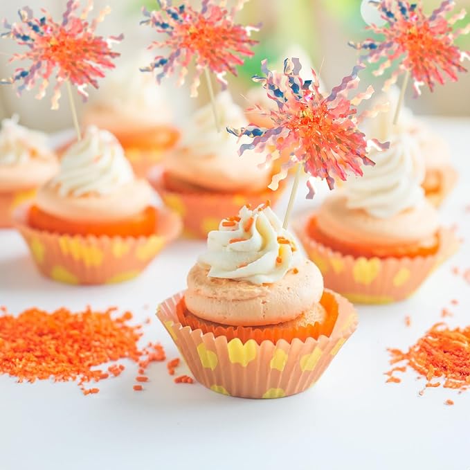 Gyufise 30Pcs Foil Firework Cupcake Toppers Sparkle Tinsel Cake Toppers Tinsel Drink Cake Decoration Cocktail Picks for Birthday Wedding Graduation Party Supplies Orange