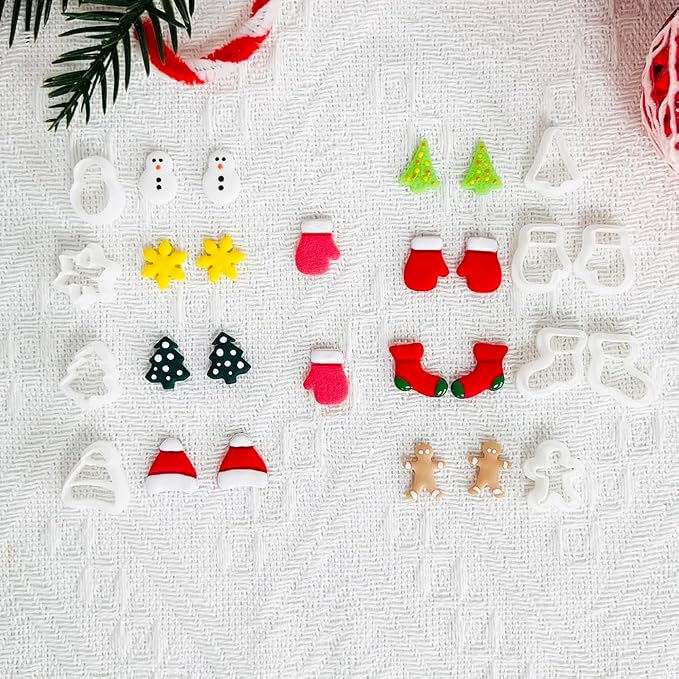 Xaekicr Christmas Polymer Clay Cutters Set – 10 Pcs Clay Earring Cutters for Holiday Crafts, Snowman Gingerbread Tree Mittens – Polymer Clay Molds and Tools for Jewelry Making