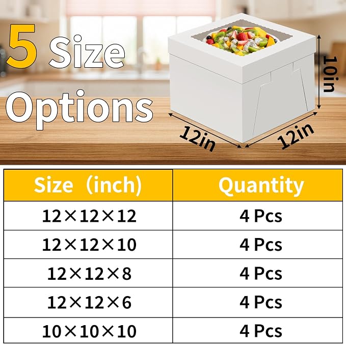 WINKIO 4 Pack Cake Boxes, Disposable Cake Transport Container, White Bakery Boxes with Large Window, for Cookies Pies Cupcakes Pastry (12×12×10)