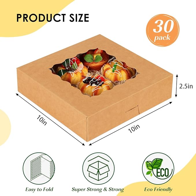 TOMNK 30pcs Pie Boxes, 10x10x2.5 Bakery Boxes with Window, Auto-Popup Brown Bakery Boxes for Pies, Cookie Boxes Treat Boxes for Dessert, Donuts, Muffins