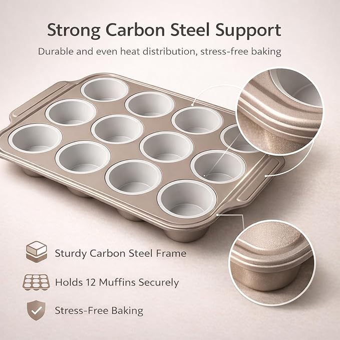 12-Cup Silicone Muffin Pans with Steel Frame, Nonstick Bakeware, Reusable Cupcake Pans with 12 Piping Nozzles & Bag for Baking | Silicone Muffin Pans for Cupcakes & Muffins