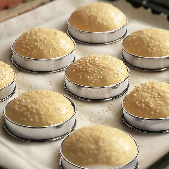 20 Pack English Muffin Rings 3 Inch Stainless Steel Crumpet Rings with Oil Brush, Metal Pastry Ring Mold Double Rolled Tart Rings for Baking Kitchen Food Making