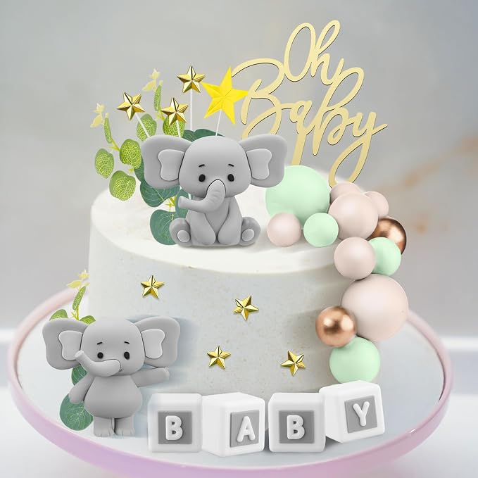 Yinder Bear Cake Toppers Mini Bear Cake Decorations Cake Toppers Gold White Pearl Ball for Birthday Party Decorations(Green,Elephant Style)