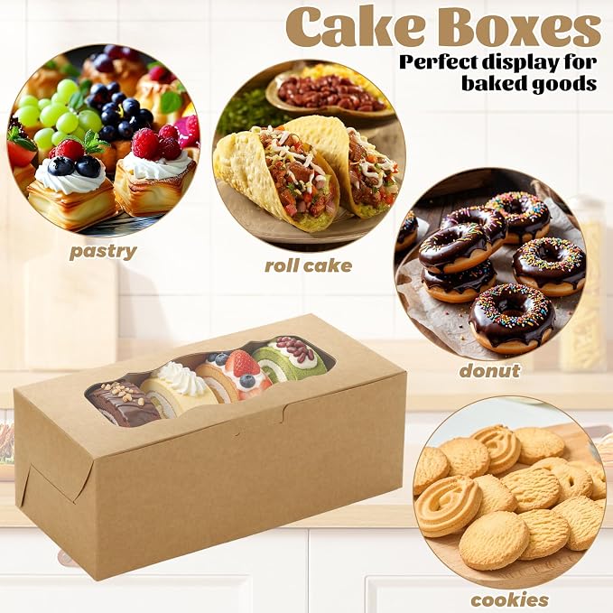 QTLCOHD 50 Pcs Bakery Boxes with Window 9 x 4 x 3.5 Inch Brown Bakery Boxes | Dessert Container with Sticker for Pies, Chocolate, Strawberries, Muffins, Donuts, Pastry, Christmas, Candy