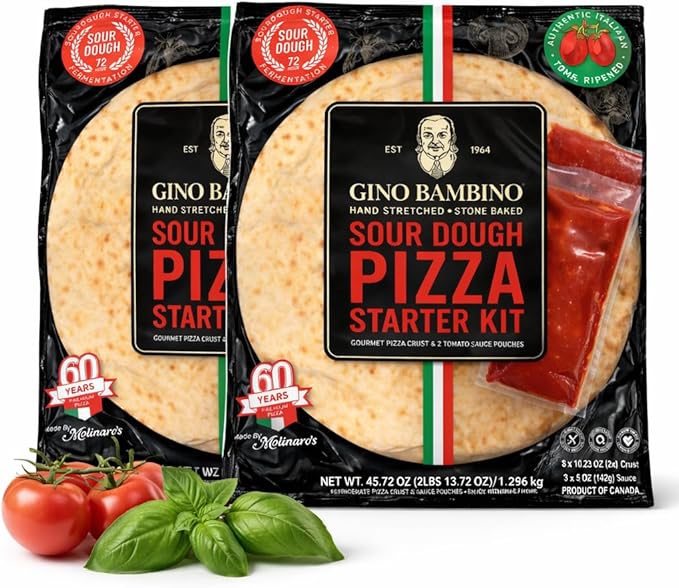 Gino Bambino Sourdough Pizza Starter Kit 2 Pack, Hand Stretched Stone Baked Pizza, 3 Crusts & 3 Sauce Pouches per Kit, 72 Hour Fermentation, Gourmet Pizza Kit, Total Net Wt 45.72 oz, Product of Canada