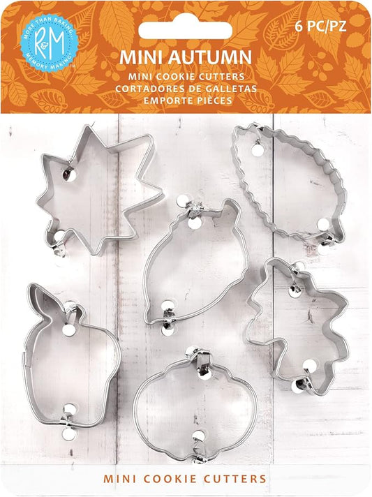 R&M International Mini Autumn Leaf Cookie Cutters, Acorn, Pumpkin, Oak, Maple, Aspen, Apple, 6-Piece Set in Gift Tin