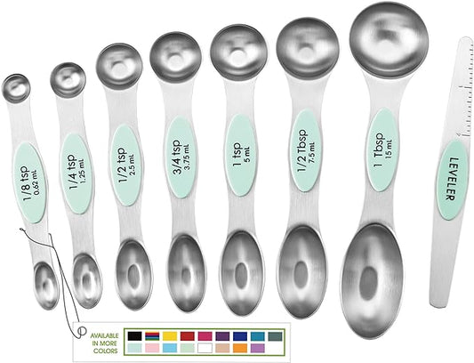 Spring Chef Stainless Steel Magnetic Measuring Spoons Set of 8 with Leveler, Nesting Metal Teaspoon & Tablespoon Measuring Spoons, Kitchen Gadgets for Baking & Cooking, Fits in Spice Jars - Mint