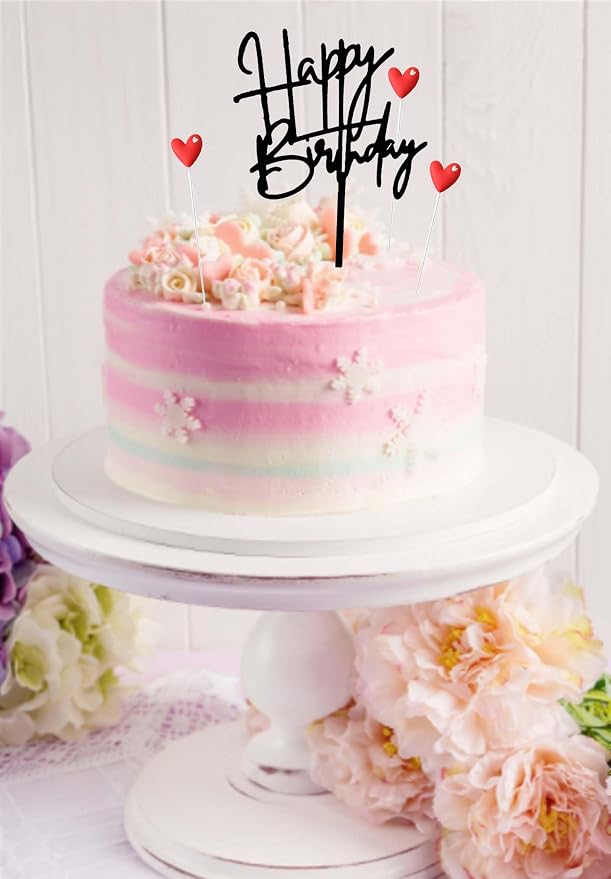 Black Happy Birthday Cake Topper Sign And 5 Red Love Cake Toppers Happy Birthday Topper For Cake Birthday Cake Decorations Supplies(Black 4)