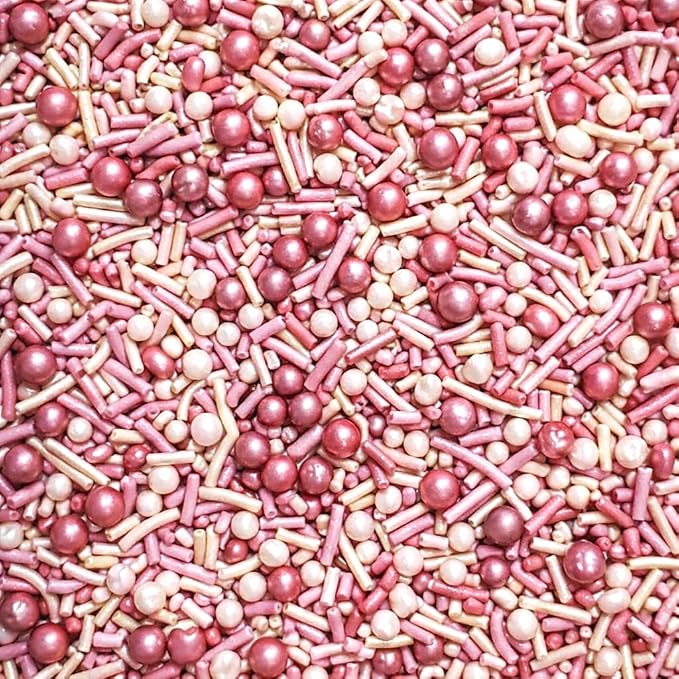 Confect Pink Mauve & Ivory Sprinkle Mix – Bake Stable Non Bleeding Edible Pearls & Metallic Dragees for Cake Decorating, Cupcakes, Cookies & Desserts- 4.2 Oz