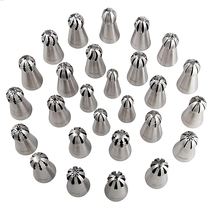 27 Pcs Extra Large Stainless Steel Seamless Russian Flower Ball Piping Tips Set with 1 Cleaning Brush,1 Reusable Pastry Bag,2 Flower Nails,2 Small Leaf Tips,1 Plastic Coupler for Cake Decorations