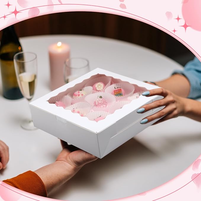 20 Pack Mother's Day Chocolate Covered Strawberry Boxes with Window 9 x 9 x 2.5 Inches Cookie Bakery Bulk White Macarons Treat Gift Boxes for Muffins Dessert Party Favors