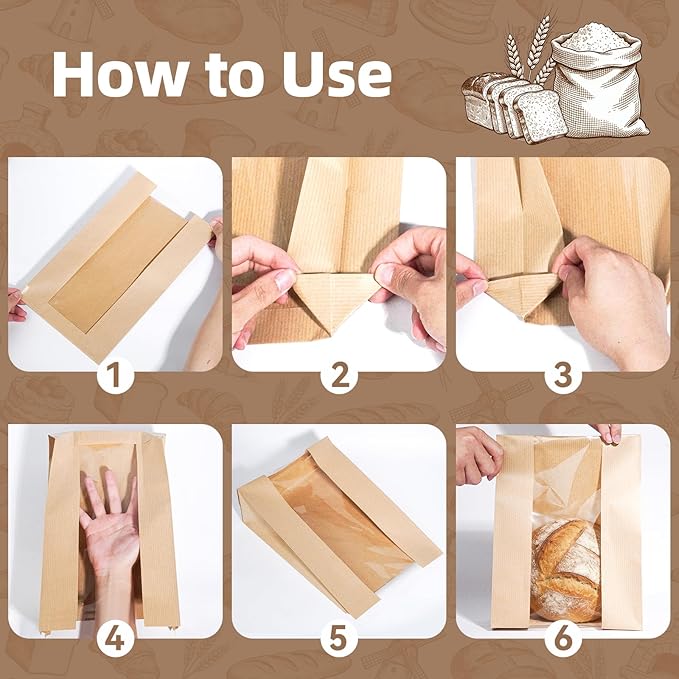 Funcoo 50 Pcs Paper Bread Bags for Home Sourdough Bread Bakery Storage Bags with Window, Large Bakery Loaf Bags for Baked Goods Packaging, Label Seal sticker included