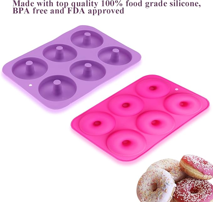 2-Pack Donut Pan Set, Messar Silicone Doughnuts Tin Baking Tray Maker Pan, Non-Stick Cake Mold, Easy to Bake Full Size Perfect Shaped Donuts to Sweeten Your "Hole" Day (Light purple & Rose red)