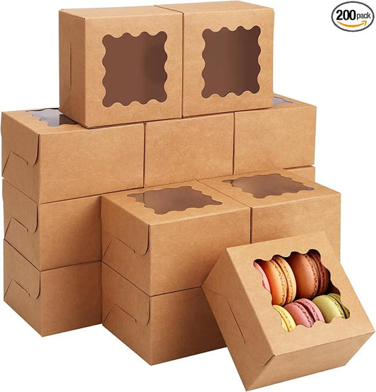 Moretoes 200pcs Cookie Boxes with Window,4x4x2.5 Inch Small Bakery Boxes, for Small Cake, Treats, Donuts, Candy (Brown)